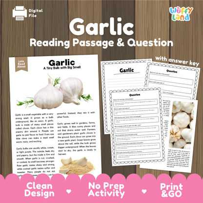Garlic reading comprehension passage and questions printable activity pack with answer key for elementary students