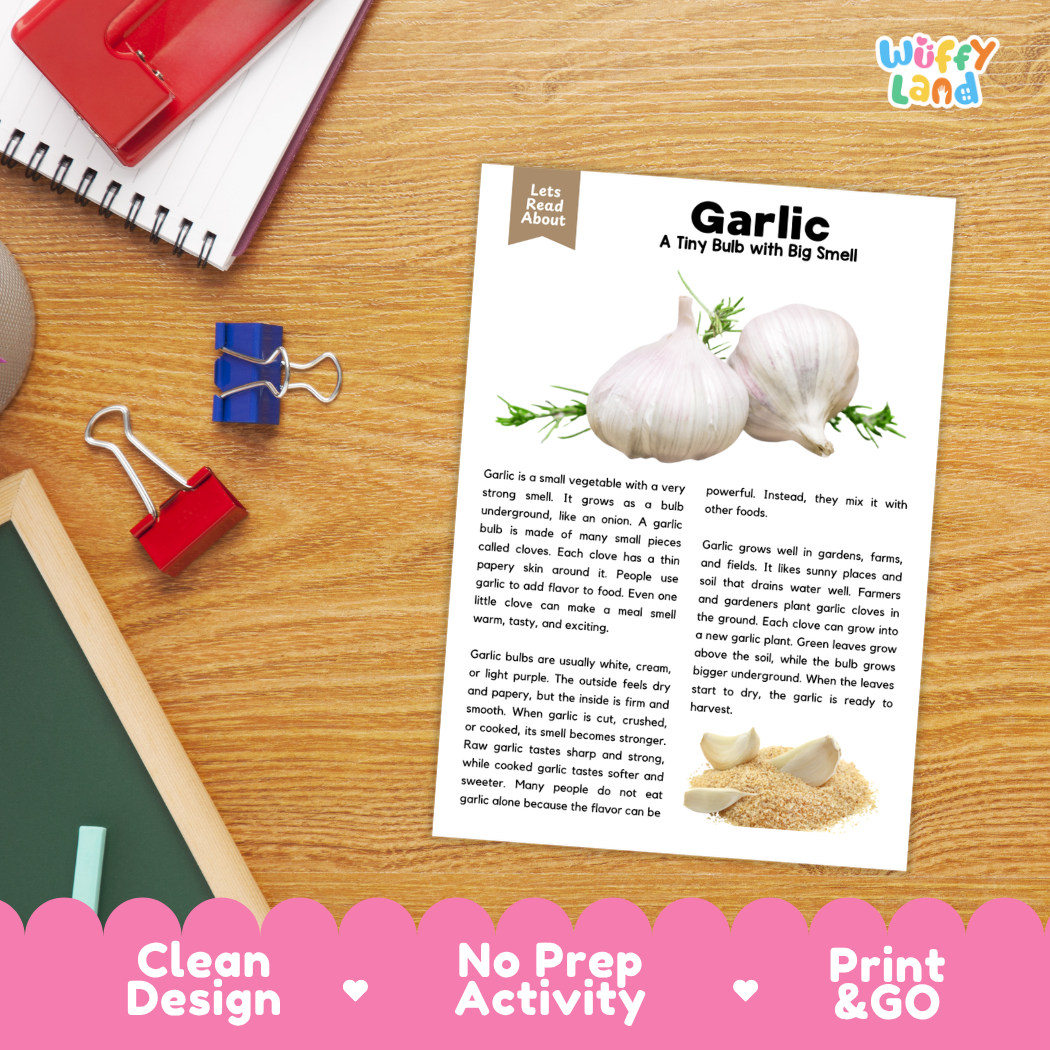 Student reading comprehension worksheet with short-answer questions and lined sections about garlic vegetables