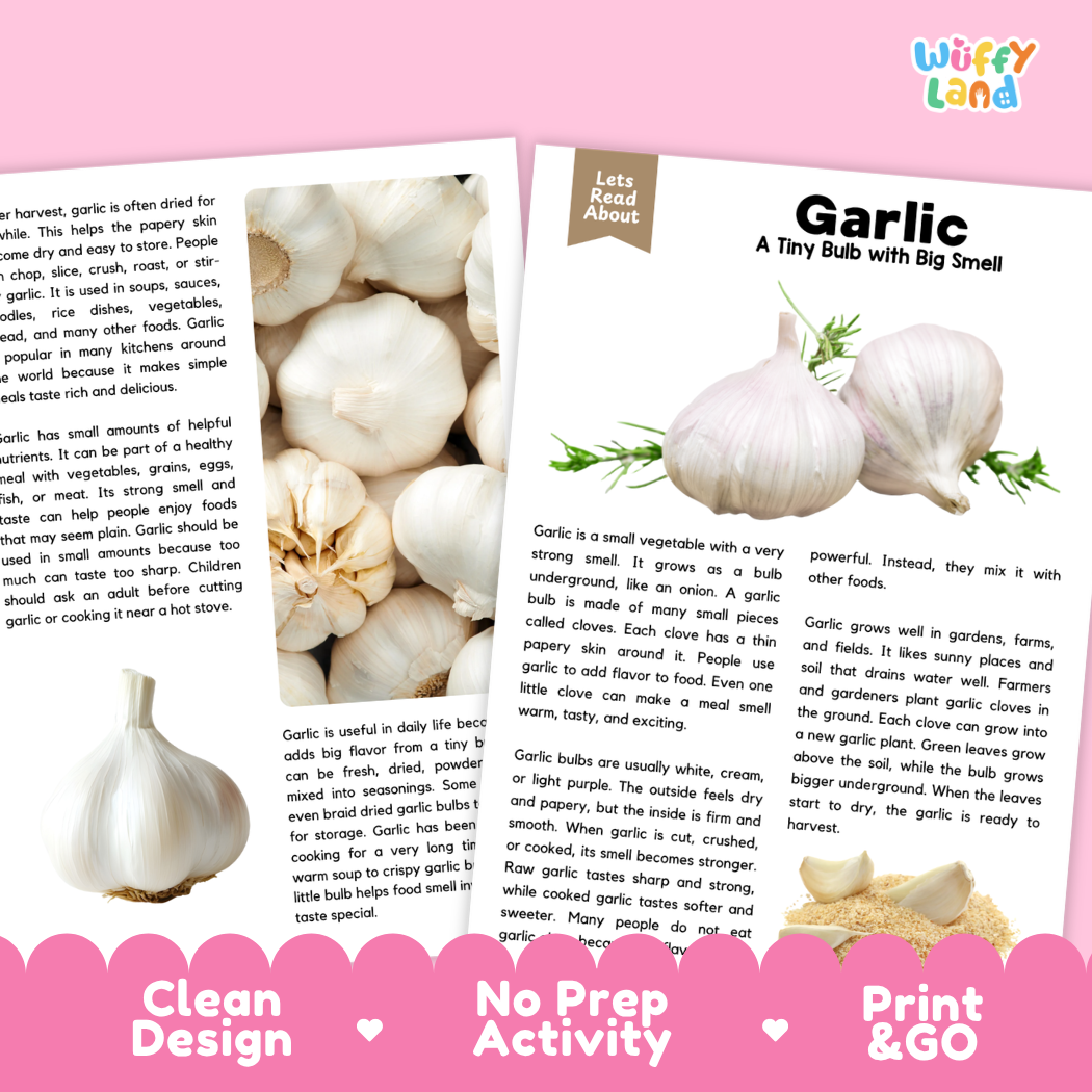 Teacher answer key page showing complete question solutions for garlic reading comprehension practice