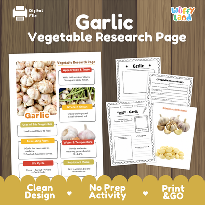 Garlic Vegetable Research Project Worksheets and Fact Sheet