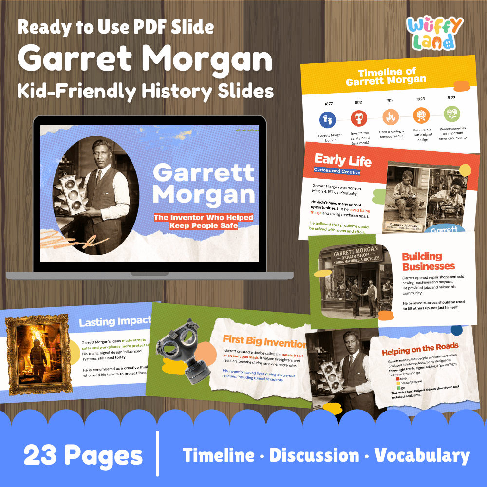 Promotional graphic for a digital product: 'Garret Morgan Kid-Friendly History Slides' by Wiffy Land. The image shows a laptop displaying a slide about Garrett Morgan, with several colorful slide thumbnails arranged around it on a wood background.