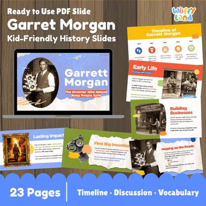 Promotional graphic for a digital product: 'Garret Morgan Kid-Friendly History Slides' by Wiffy Land. The image shows a laptop displaying a slide about Garrett Morgan, with several colorful slide thumbnails arranged around it on a wood background.