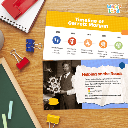 An educational poster titled 'Timeline of Garrett Morgan' displayed on a wooden desk with school supplies like a spiral notebook, binder clips, chalk, and a ruler. The poster features a yellow header, timeline markers, and a black-and-white historical photo of Garrett Morgan.