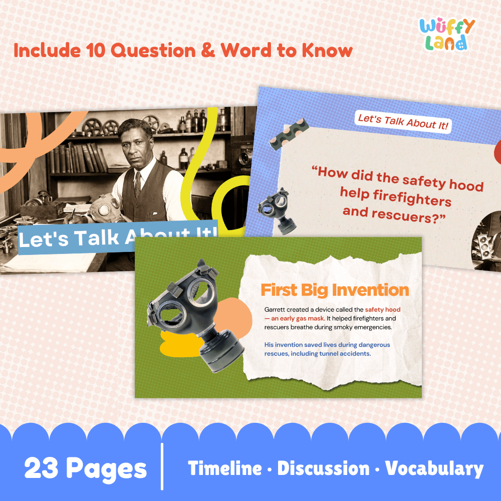 Promotional graphic for an educational children's book or activity set titled 'First Big Invention' by Wuffy Land. The design shows overlapping pages with firefighter and inventor imagery, including a gas mask, a safety hood, and text such as 'Include 10 Question & Word to Know' and '23 Pages | Timeline · Discussion · Vocabulary'.