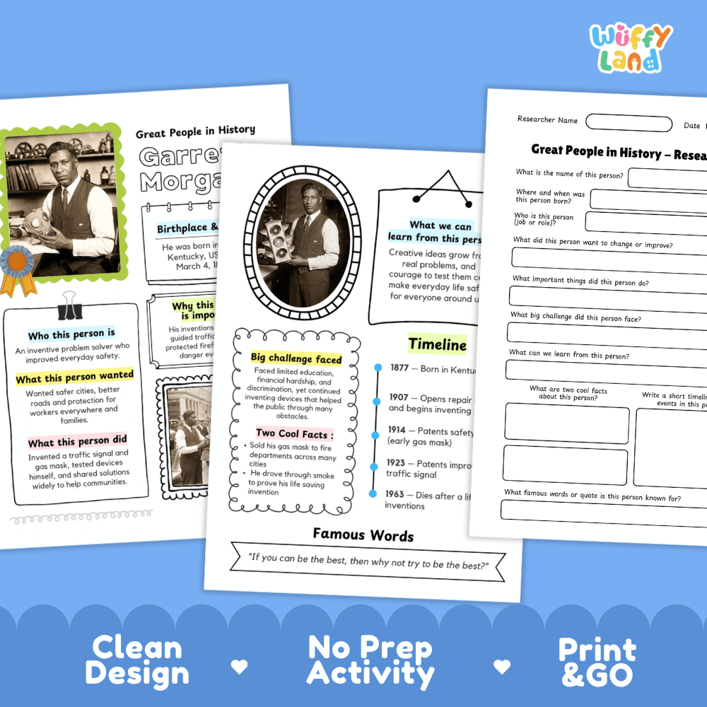 Three printable educational activity sheets for Great People in History are displayed on a blue background. The sheets include a color-coded history map, a portrait timeline, and a research worksheet.