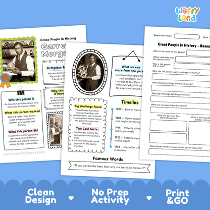 Three printable educational activity sheets for Great People in History are displayed on a blue background. The sheets include a color-coded history map, a portrait timeline, and a research worksheet.