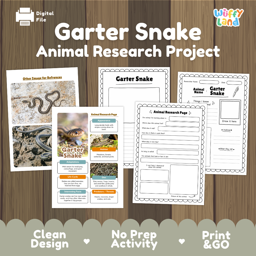 Digital preview of a 'Garter Snake Animal Research Project' printable activity bundle by Wiffly Land, featuring worksheet pages and reference cards on a wood-grain background.