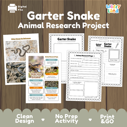Digital preview of a 'Garter Snake Animal Research Project' printable activity bundle by Wiffly Land, featuring worksheet pages and reference cards on a wood-grain background.