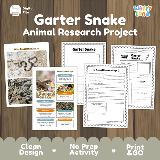 Digital preview of a 'Garter Snake Animal Research Project' printable activity bundle by Wiffly Land, featuring worksheet pages and reference cards on a wood-grain background.