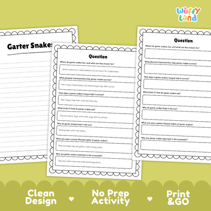 Three educational worksheet pages about a garter snake activity displayed on a light green background. The pages are white with black text and decorative scalloped borders.