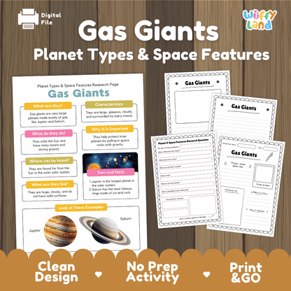 Gas Giants Planet Types & Space Features Research Pages and Worksheets