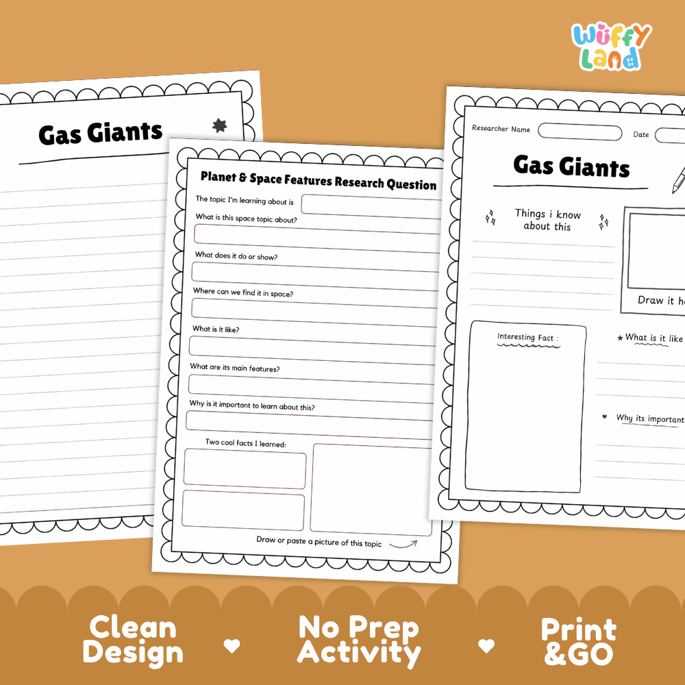 Three educational activity sheets for 'Gas Giants' displayed on a warm orange-brown background with promotional text at the bottom. The sheets feature clean black and white templates for a research question and writing activities, with the 'Wiffly Land' brand logo in the top right corner.