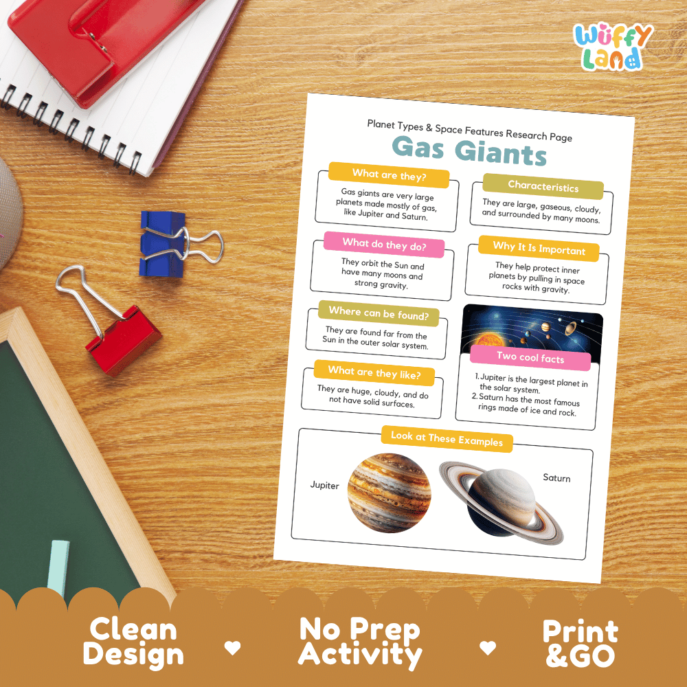 Gas Giants Planet Types & Space Features Research Pages and Worksheets