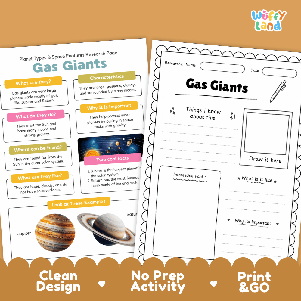 Gas Giants Planet Types & Space Features Research Pages and Worksheets
