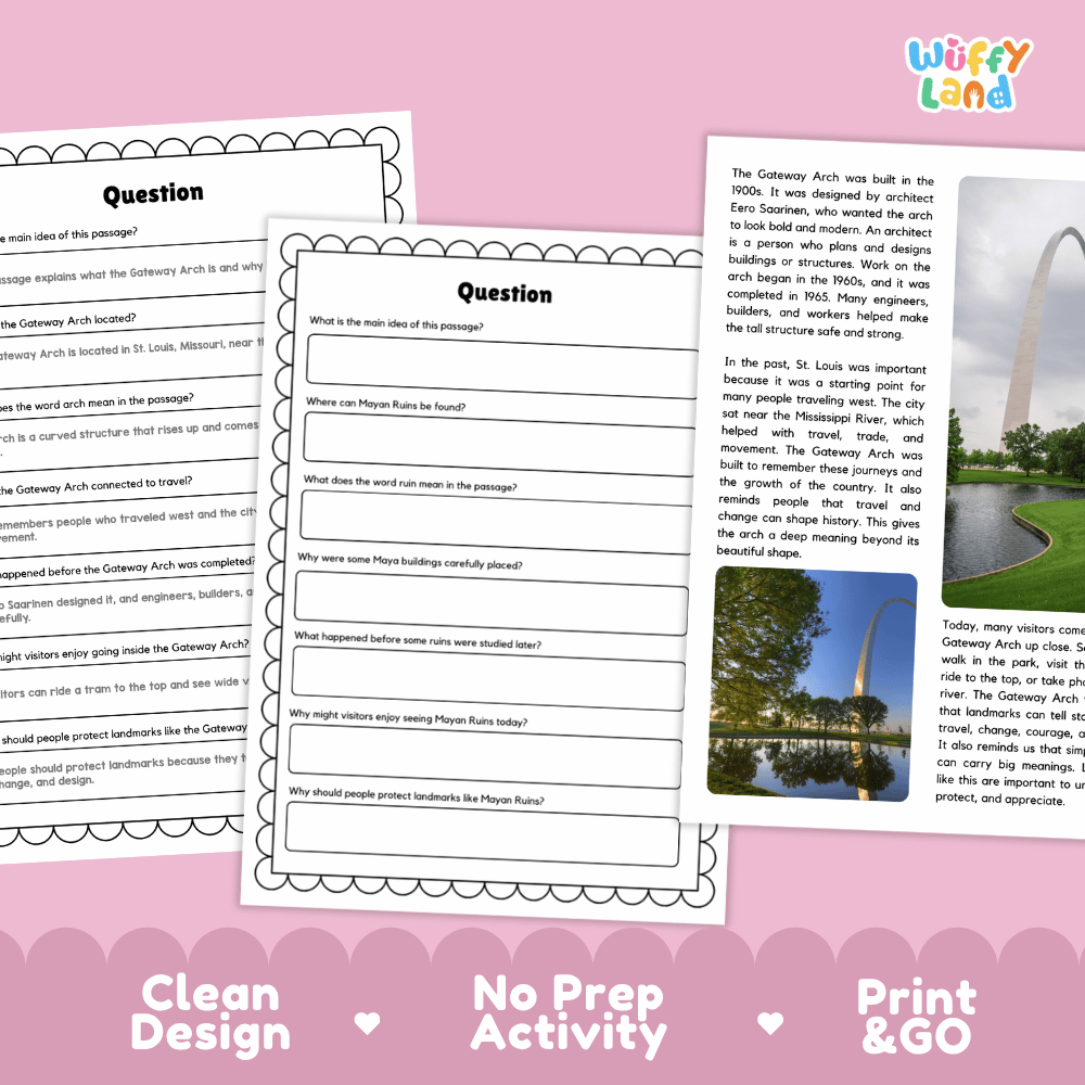 Student reading passage titled A Tall Arch in St Louis detailing Gateway Arch history Mississippi River location and monument architecture