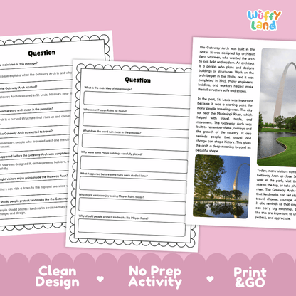 Student reading passage titled A Tall Arch in St Louis detailing Gateway Arch history Mississippi River location and monument architecture
