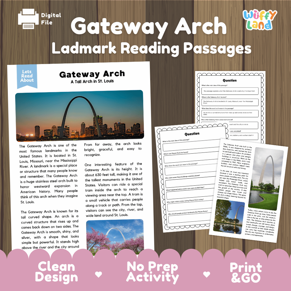 Gateway Arch landmark reading passages educational study unit featuring nonfiction reading worksheets and authentic St Louis arch photography