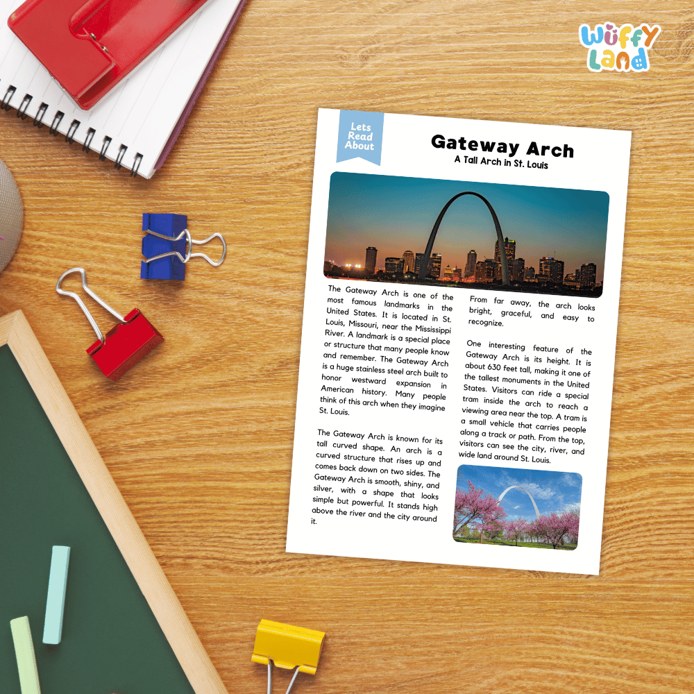 Lined reading comprehension question worksheet covering main ideas vocabulary terms and landmark facts about the Gateway Arch