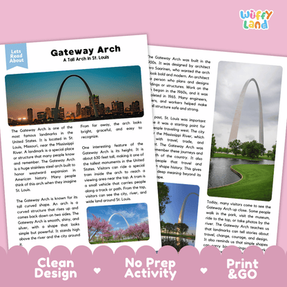 Reference sheet and answer key for Gateway Arch landmark reading passage displaying completed comprehension answers and American history facts