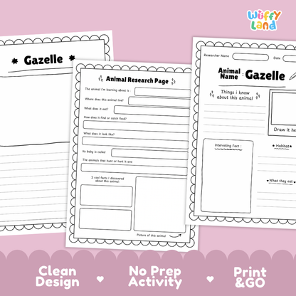 Gazelle Animal Research Page Printable Worksheets for Early Elementary