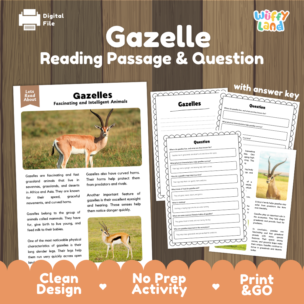 Digital reading activity bundle for 'Gazelle Reading Passage & Question' by Wiffly Land, featuring a sample lesson page, worksheet pages, and a decorative promotional banner on a wood background.