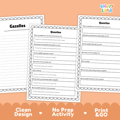 Three printable worksheet pages for a 'Gazelles' unit, displayed on a peach-colored background with promotional text at the bottom. The worksheets feature black text and borders on white paper, with the 'Wiffly Land' brand logo in the top right corner.