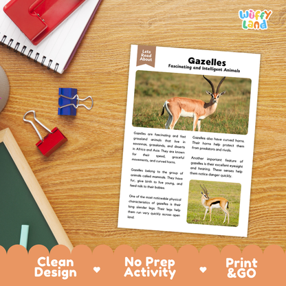 An educational activity sheet titled 'Gazelles: Fascinating and Intelligent Animals' from Wiffy Land, displayed on a wooden desk with binder clips and notebooks. The sheet features text and illustrations of two gazelles.