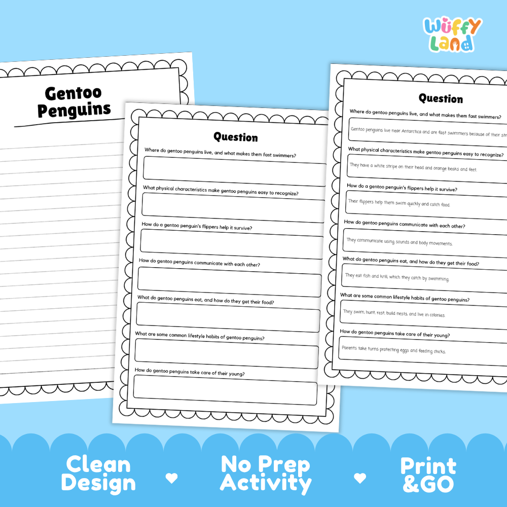 Three printable worksheet pages about gentoo penguins arranged on a light gray background with a blue decorative footer. The pages are labeled 'Gentoo Penguins' and contain writing and comprehension questions.