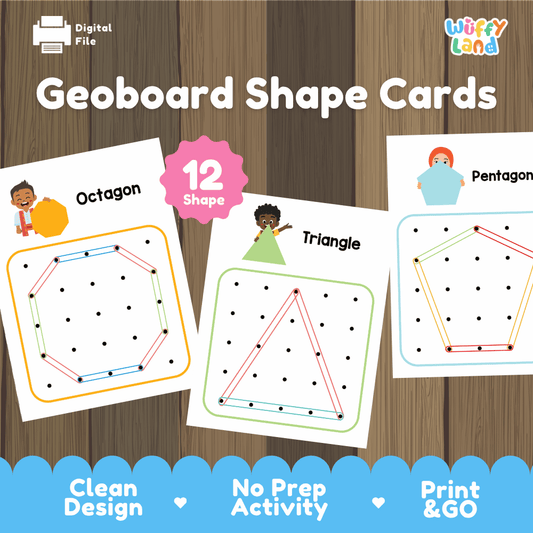 Geoboard shape cards 12 shapes printable math activity set overview from Wuffy Land featuring octagon, triangle, and pentagon peg grid patterns 🔶📐