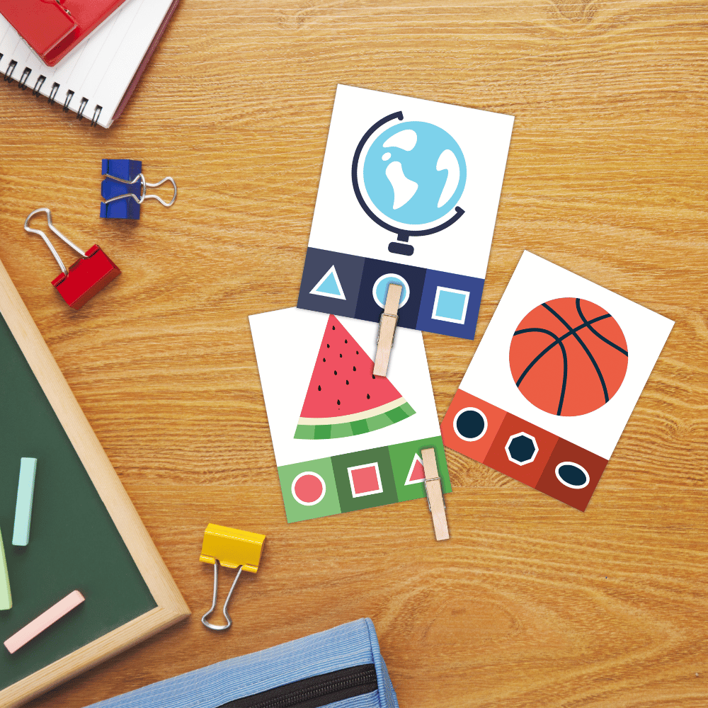 Educational shape clip cards showing circle, square, triangle, oval, and octagon answer options for hands-on peg matching 🔺⏹️