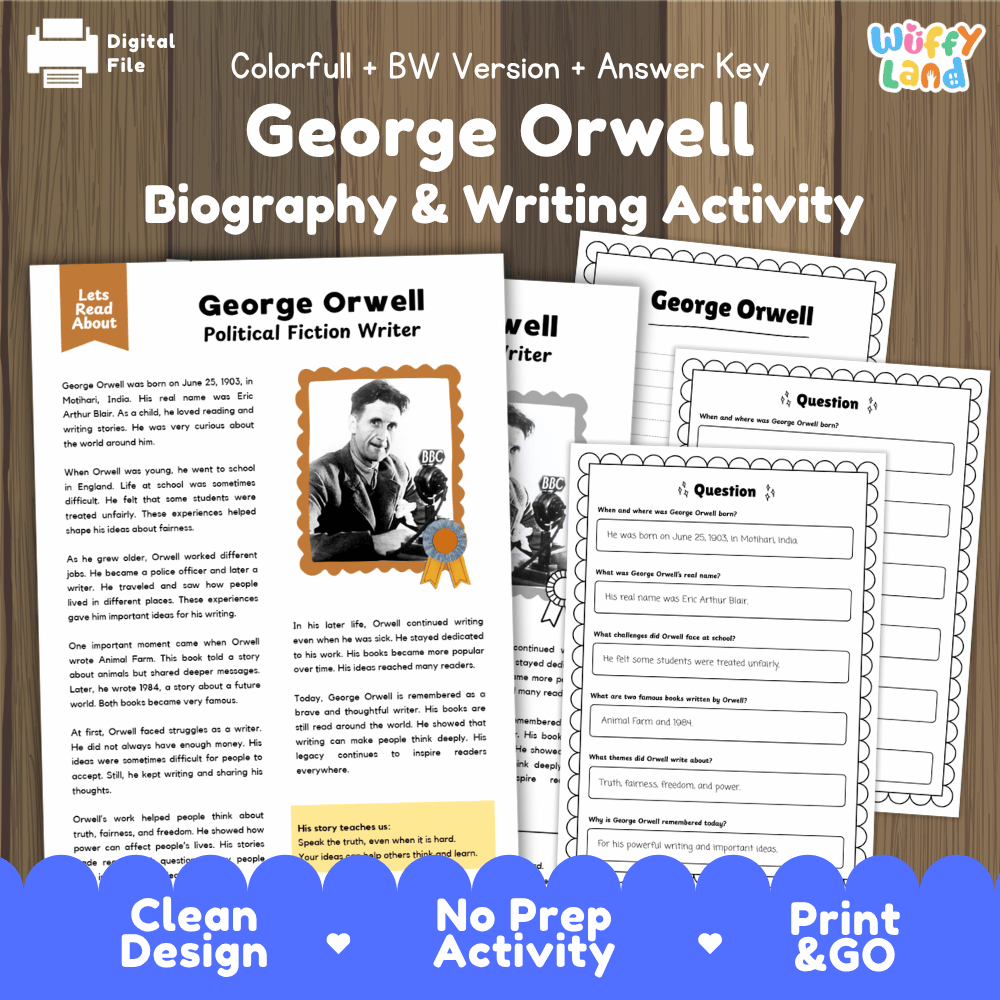 George Orwell biography and writing activity pack cover featuring reading passage sheets, questions, and answer keys