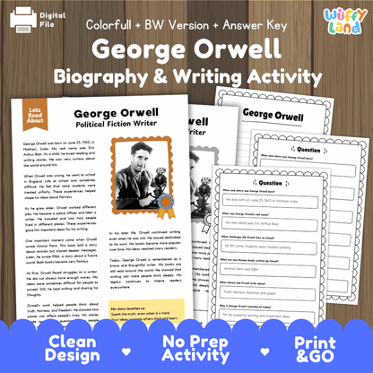 George Orwell biography and writing activity pack cover featuring reading passage sheets, questions, and answer keys