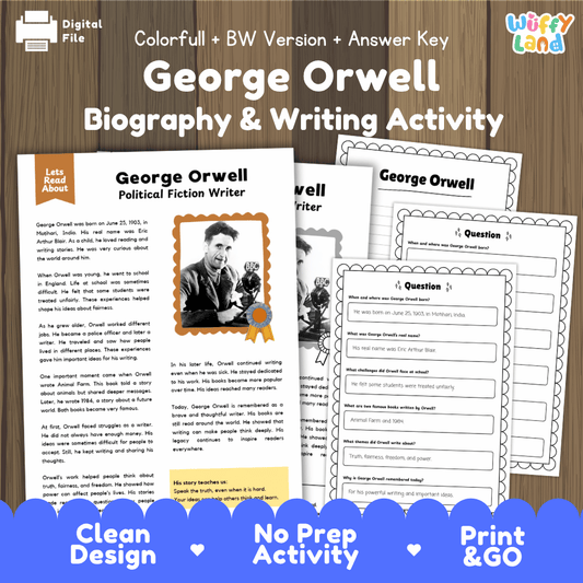 George Orwell biography and writing activity pack cover featuring reading passage sheets, questions, and answer keys
