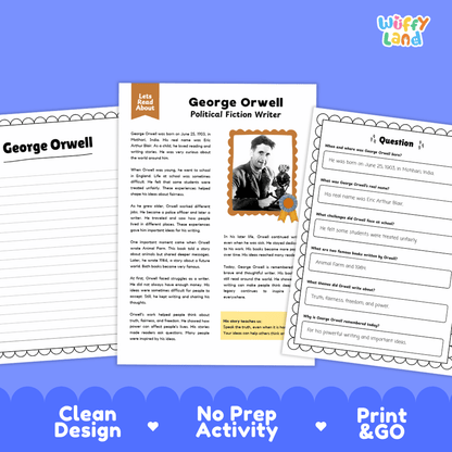 Educational biography reading passage titled George Orwell Political Fiction Writer with portrait photo and key life facts