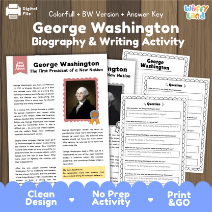 Digital product preview for a George Washington Biography & Writing Activity worksheet set, showing printable pages, a digital file icon, and a wooden background with a blue banner reading 'Clean Design', 'No Prep Activity', and 'Print & GO'.