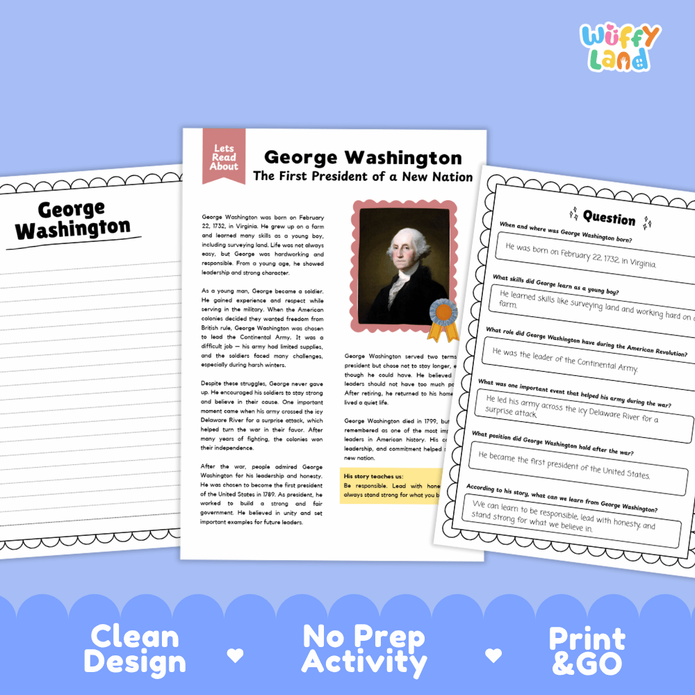 Educational worksheet set about George Washington, featuring a main activity page with text, a portrait, and a highlighted section, plus two answer sheets. The pages are shown on a light gray background with the brand name 'Wiffly Land' at the bottom.