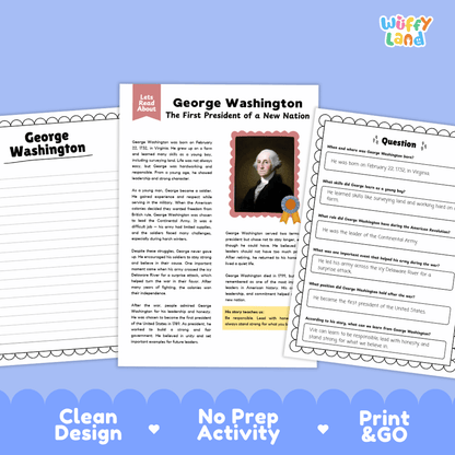 Educational worksheet set about George Washington, featuring a main activity page with text, a portrait, and a highlighted section, plus two answer sheets. The pages are shown on a light gray background with the brand name 'Wiffly Land' at the bottom.
