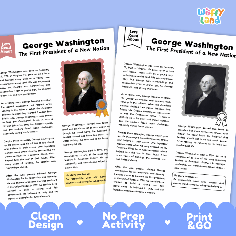 Two printable educational activity sheets about George Washington, titled 'Let's Read About George Washington: The First President of a New Nation,' shown on a light gray background with a 'Wiffly Land' logo in the top right and a 'Let's Read About' banner at the bottom.