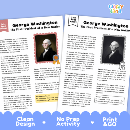 Two printable educational activity sheets about George Washington, titled 'Let's Read About George Washington: The First President of a New Nation,' shown on a light gray background with a 'Wiffly Land' logo in the top right and a 'Let's Read About' banner at the bottom.