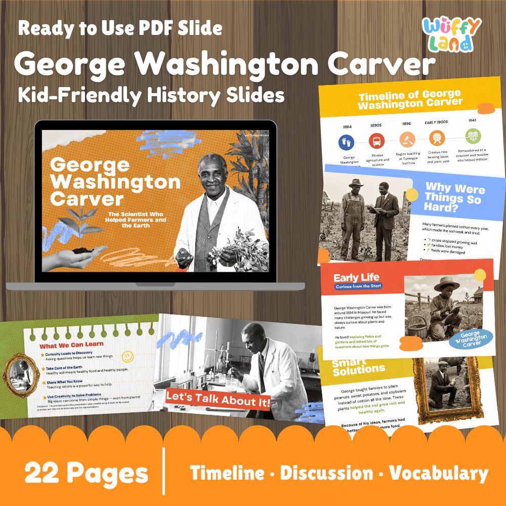 Promotional graphic for a George Washington Carver kid-friendly history PDF slide set. The image shows a laptop with the main slide displayed, plus several additional slide previews arranged around it.