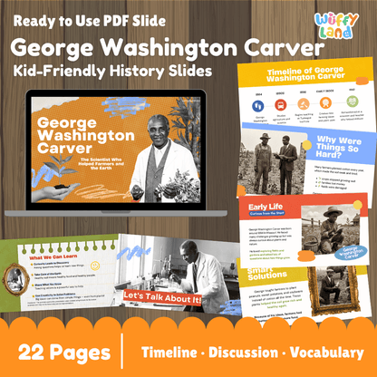 Promotional graphic for a George Washington Carver kid-friendly history PDF slide set. The image shows a laptop with the main slide displayed, plus several additional slide previews arranged around it.