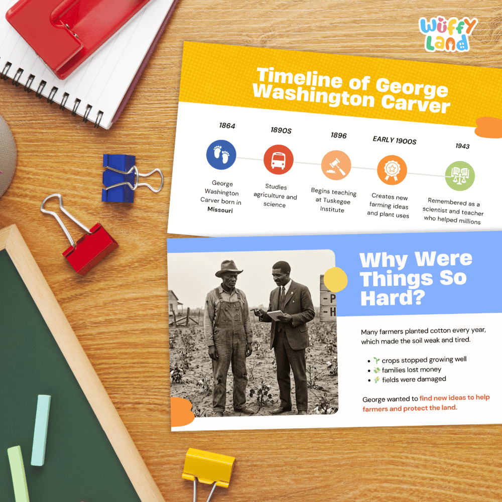 An educational poster titled 'Timeline of George Washington Carver' laid out on a wooden desk with school supplies like a spiral notebook, binder clips, and a red notebook around it. The poster features a yellow header, timeline steps with icons, a black-and-white historical photo, and a blue section titled 'Why Were Things So Hard?'.