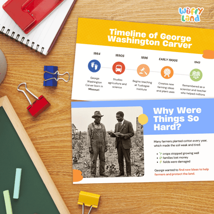 An educational poster titled 'Timeline of George Washington Carver' laid out on a wooden desk with school supplies like a spiral notebook, binder clips, and a red notebook around it. The poster features a yellow header, timeline steps with icons, a black-and-white historical photo, and a blue section titled 'Why Were Things So Hard?'.