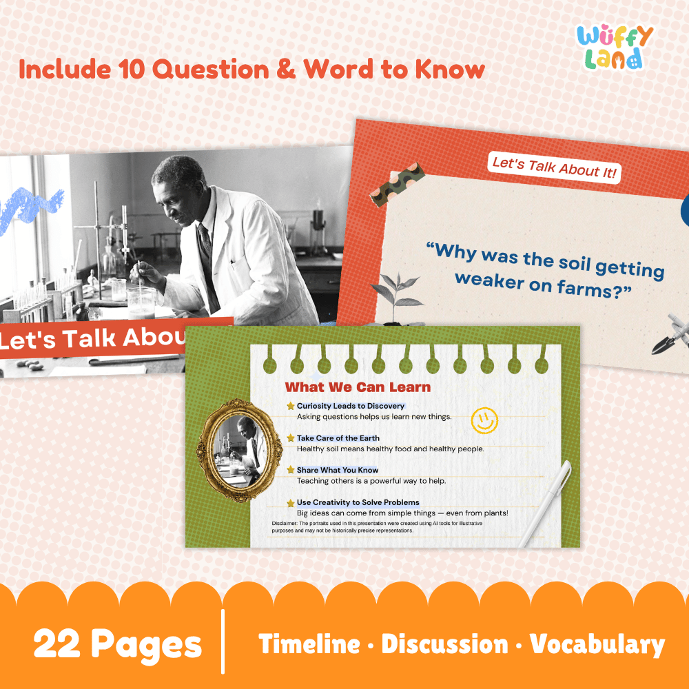 Promotional graphic for an educational book or activity set titled 'What We Can Learn' by Wuffy Land. The design shows multiple colorful page previews, including a black-and-white photo of a scientist, a coral-red page with a question about soil on farms, and a green page with learning objectives.