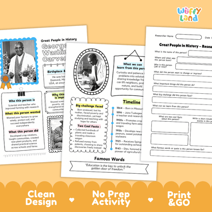 Educational worksheet and activity sheet set from Willy's Land, featuring 'Great People in History' research pages, a timeline graphic, and a 'Famous Words' section, displayed on a white background with an orange decorative footer banner.