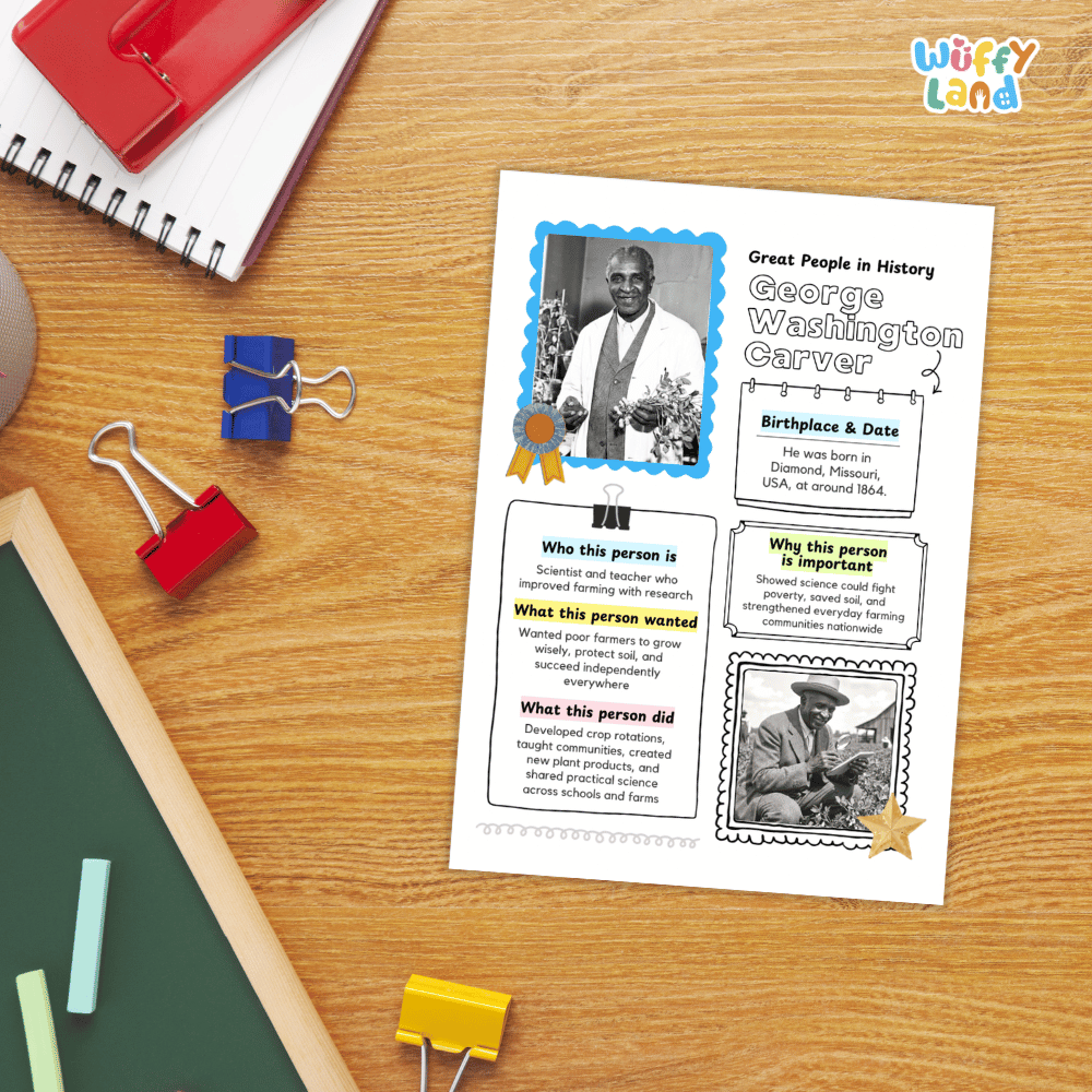An educational worksheet print about George Washington Carver laid on a wooden desk with school supplies around it, including a spiral notebook, binder clips, chalk, and a green board. The sheet has photos, text boxes, and colorful borders.