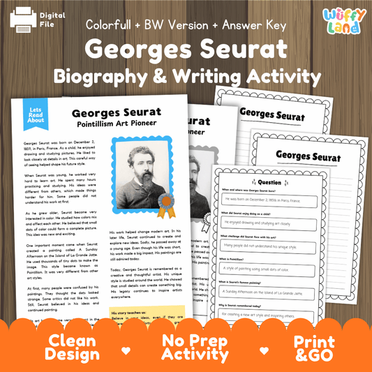 Georges Seurat biography reading comprehension worksheets with nonfiction passage, comprehension questions, writing activity and answer key for students
