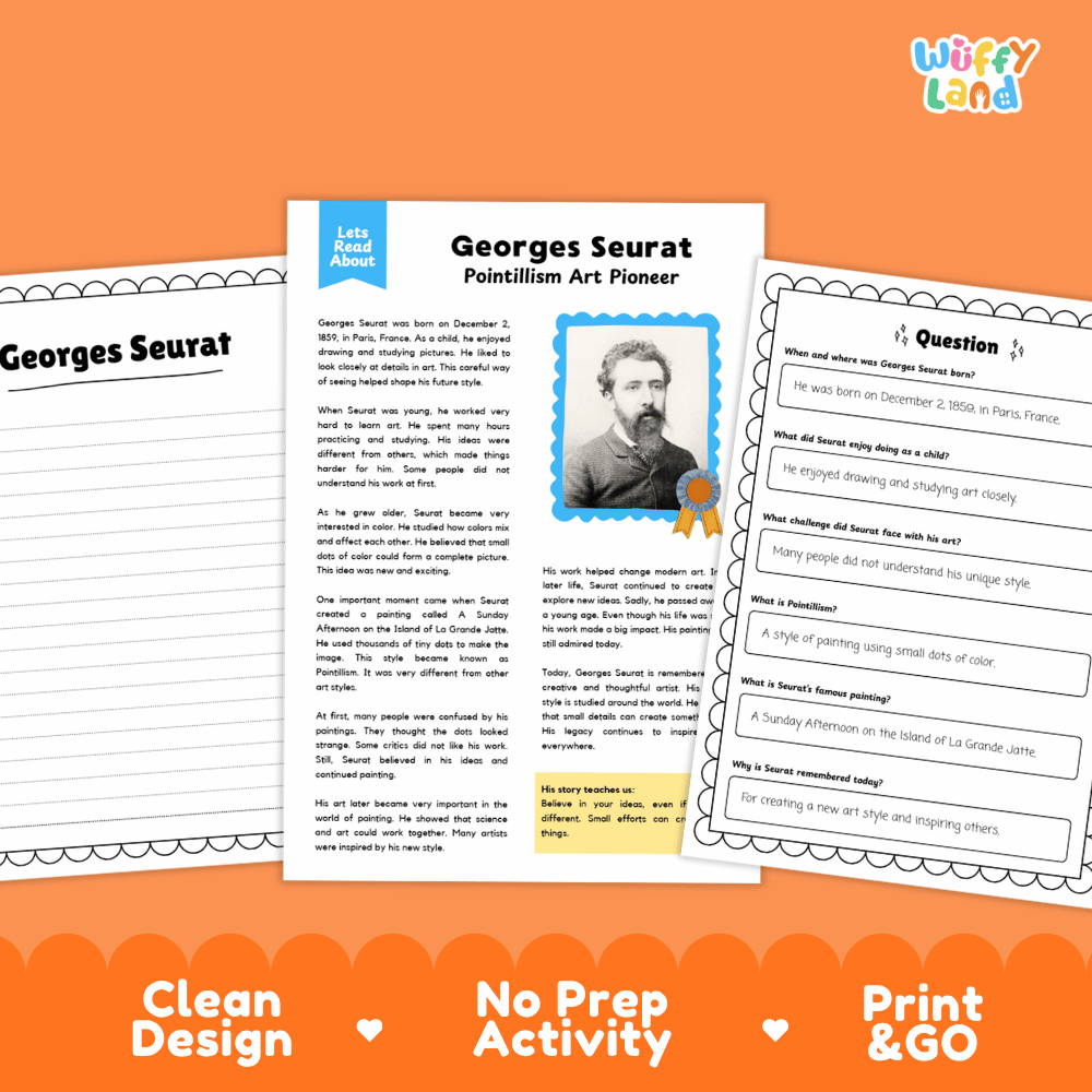 Georges Seurat Biography Reading Passage and Writing Activity Worksheets
