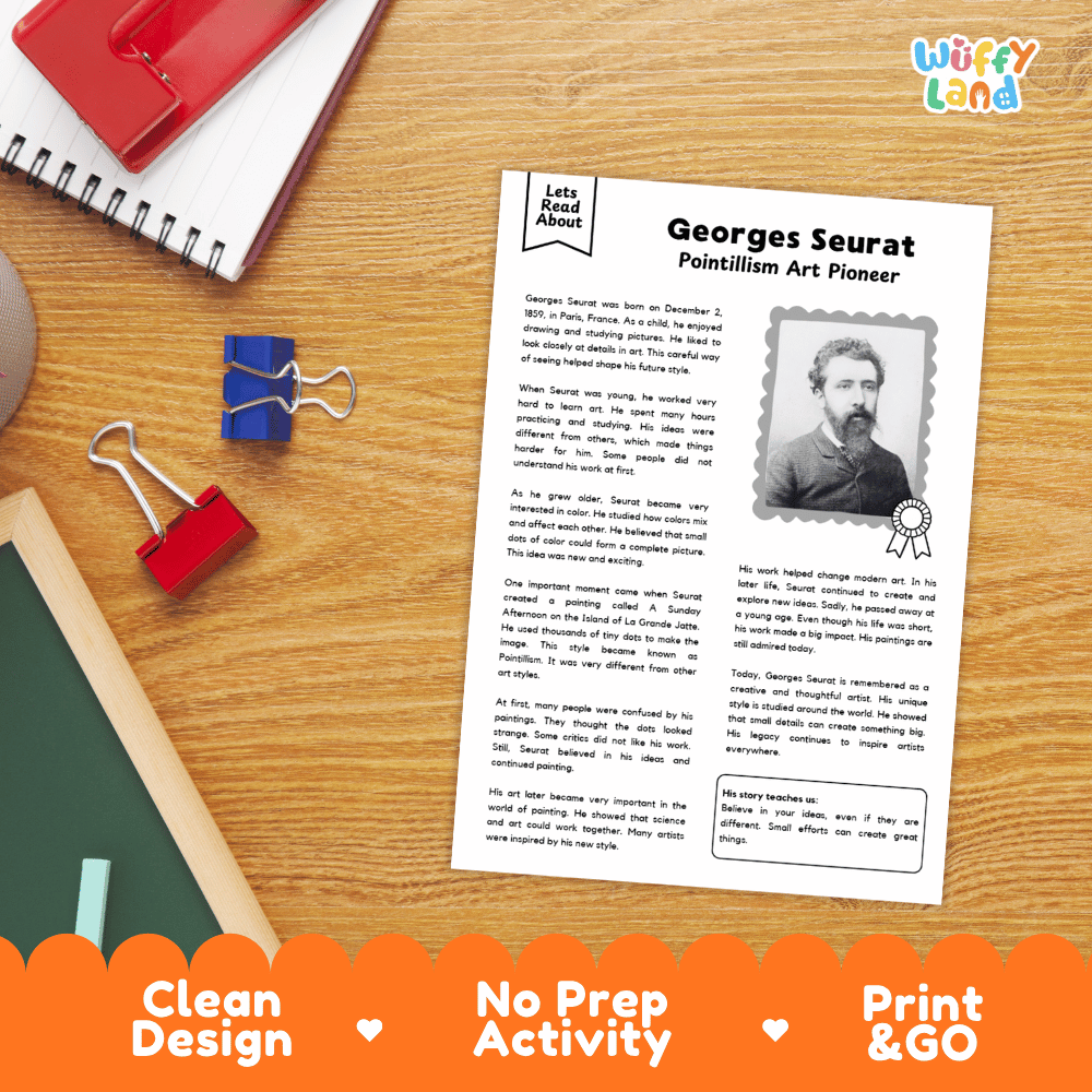 Georges Seurat Biography Reading Passage and Writing Activity Worksheets