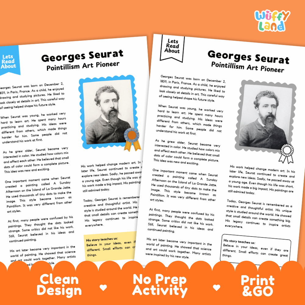 Two printable educational activity sheets about Georges Seurat, shown on an orange background with the text 'Let's Read About' and 'Clean Design • No Prep Activity • Print & GO'. The sheets contain biographical text, a portrait photo, and graphic design elements.
